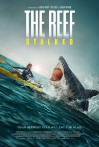 Movie poster for 2022 movie release, The Reef: Stalked. Featuring a girl on a paddleboard frantically escaping a great white shark in the ocean.