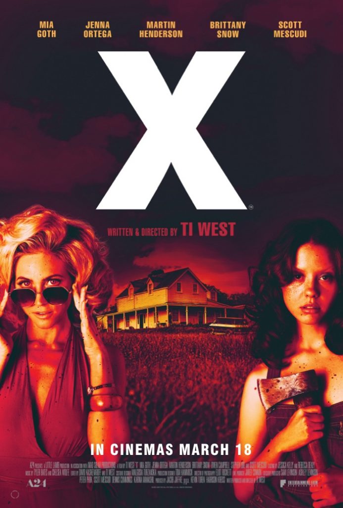 Poster for the horror/slasher movie, X (2022) The poster depicts two of the main female characters, Brittany Snow and Mia Goth.