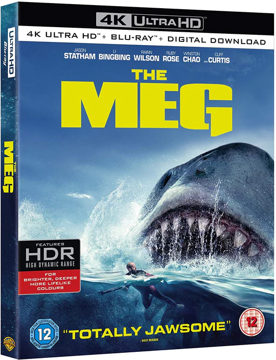 The Meg, 2018, Blu Ray cover. 4K ULTRA HD Blu Ray. Link to Warner Bros Shop to purchase.
Picture: Jason Statham's character, Jonas, swimming in a panic in the ocean away from a giant prehistoric shark, the megalodon, with huge teeth and hungry jaws.