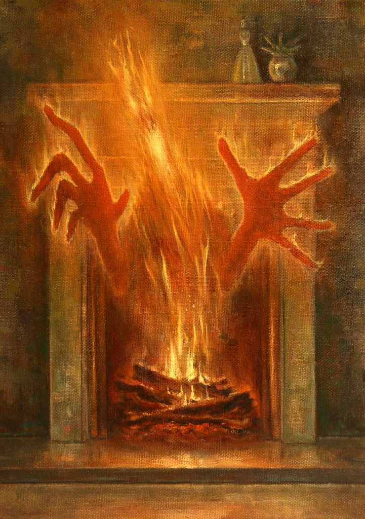 A demonic entity rising from the lit fireplace in a family home. Depicting the horrors of the Amityville House.