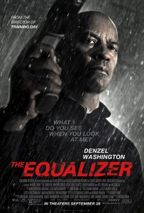 The Equalizer, 2014, artwork DVD cover featuring Denzel Washington looking angry with a gun in hand.
