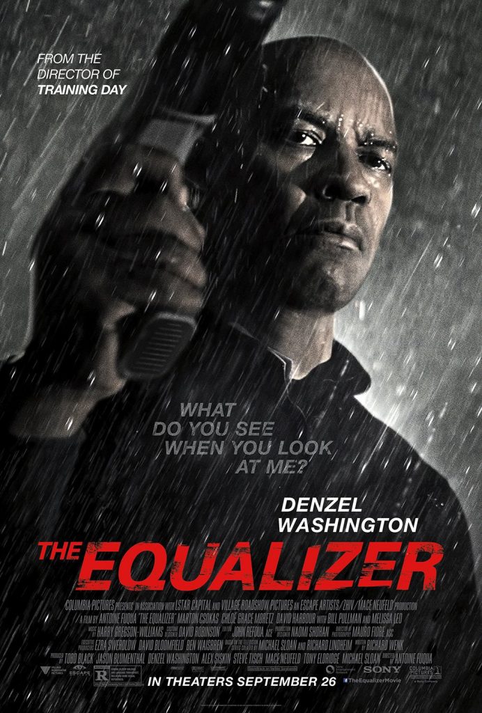The Equalizer, 2014, artwork DVD cover featuring Denzel Washington looking angry with a gun in hand.