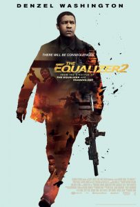 Denzel Washington's Robert McCall character, holding a gun. His character is wearing clothes which is made up of a collage of action scenes from the movie. He is depicted with a pale blue background for contrast.