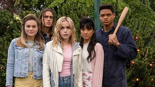 The teen film cast of Totally Killer, Left-Right:
Olivia Holt as teen Pam Miller,
Charlie Gillespie as teen Blake Hughes,
Kiernan Shipka as Jamie Hughes,
Stephi Chin-Salvo as teen Marisa Song,
Jeremy Monn-Djasngar as teen Randy Finkle.