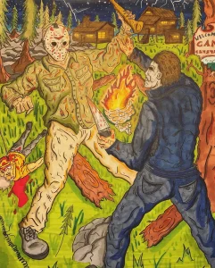 An original art drawing by Apex Illustrations. Cartoon drawing of Michael Myers and Jason Voorhees fighting beside a campfire in a spooky scene.
