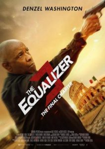 Denzel Washington's "Robert McCall" in Italy, in front of a colosseum, on a mission holding a gun at the ready.